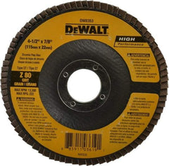 DeWALT - 80 Grit, 4-1/2" Disc Diam, 7/8" Center Hole, Type 27 Zirconia Alumina Flap Disc - 13,300 Max RPM, Fiberglass Backing, Arbor Attaching System, Coated - Industrial Tool & Supply