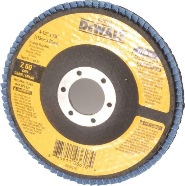 DeWALT - 60 Grit, 4-1/2" Disc Diam, 7/8" Center Hole, Type 27 Zirconia Alumina Flap Disc - 13,300 Max RPM, Fiberglass Backing, Arbor Attaching System, Coated - Industrial Tool & Supply