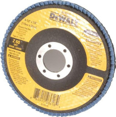 DeWALT - 60 Grit, 4-1/2" Disc Diam, 7/8" Center Hole, Type 27 Zirconia Alumina Flap Disc - 13,300 Max RPM, Fiberglass Backing, Arbor Attaching System, Coated - Industrial Tool & Supply