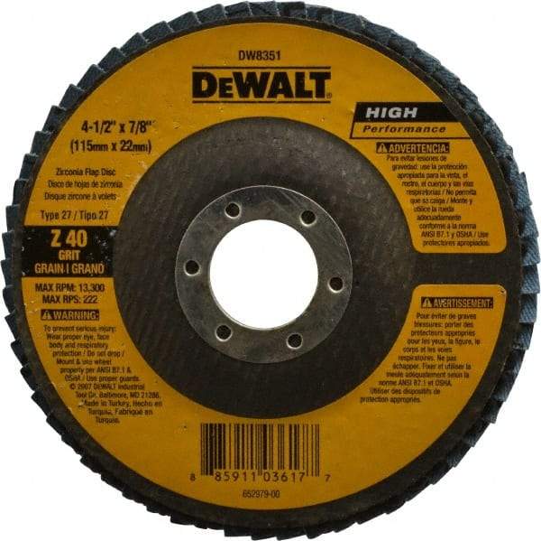 DeWALT - 40 Grit, 4-1/2" Disc Diam, 7/8" Center Hole, Type 27 Zirconia Alumina Flap Disc - 13,300 Max RPM, Fiberglass Backing, Arbor Attaching System, Coated - Industrial Tool & Supply