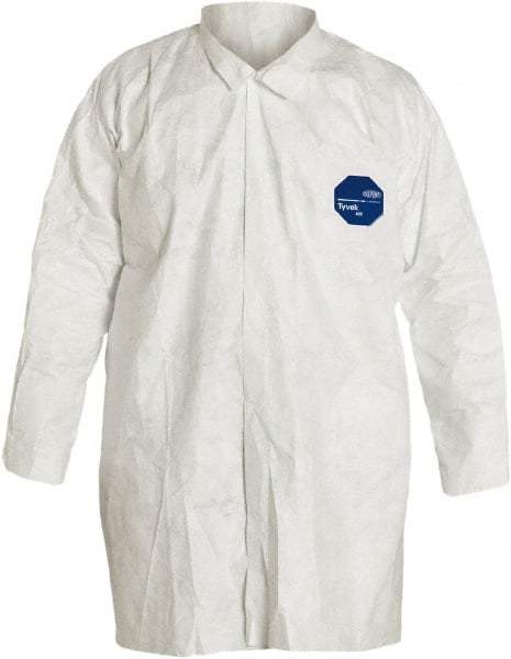 Dupont - Size L White Disposable Chemical Resistant Lab Coat - Tyvek, Snap Front, Open Cuff - Industrial Tool & Supply