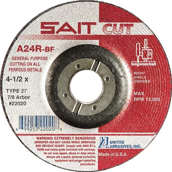 Sait - 24 Grit, 4" Wheel Diam, 1/8" Wheel Thickness, 3/8" Arbor Hole, Type 27 Depressed Center Wheel - Aluminum Oxide, Resinoid Bond, R Hardness, 13,500 Max RPM, Compatible with Angle Grinder - Industrial Tool & Supply