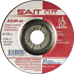 Sait - 24 Grit, 4" Wheel Diam, 1/8" Wheel Thickness, 3/8" Arbor Hole, Type 27 Depressed Center Wheel - Aluminum Oxide, Resinoid Bond, R Hardness, 13,500 Max RPM, Compatible with Angle Grinder - Industrial Tool & Supply