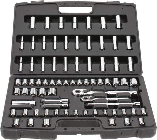 Stanley - 75 Piece 1/4 & 3/8" Drive Standard Deep Socket Set - 3/16 to 13/16", 4 to 19mm, Inch/Metric Measurement Standard - Industrial Tool & Supply