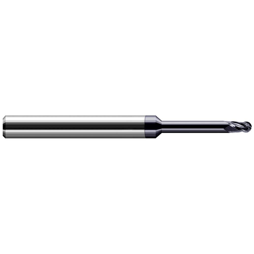 Ball End Mill: 0.0236″ Dia, 0.0354″ LOC, 4 Flute, Solid Carbide 50 mm OAL, 4 mm Shank Dia, 37 ° Helix, AlTiN Coated, Single End