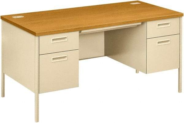 Hon - Laminate Top & Metal Base Double Pedestal Desk with Center Drawer - 60" Wide x 30" Deep x 29-1/2" High, Harvest/Putty - Industrial Tool & Supply