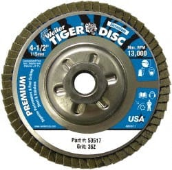 Weiler - 4-1/2" 36 Grit 5/8-11 Center Hole Type 29 Zirconia Alumina Flap Disc - Industrial Tool & Supply