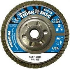 Weiler - 4-1/2" 36 Grit 5/8-11 Center Hole Type 29 Zirconia Alumina Flap Disc - Industrial Tool & Supply