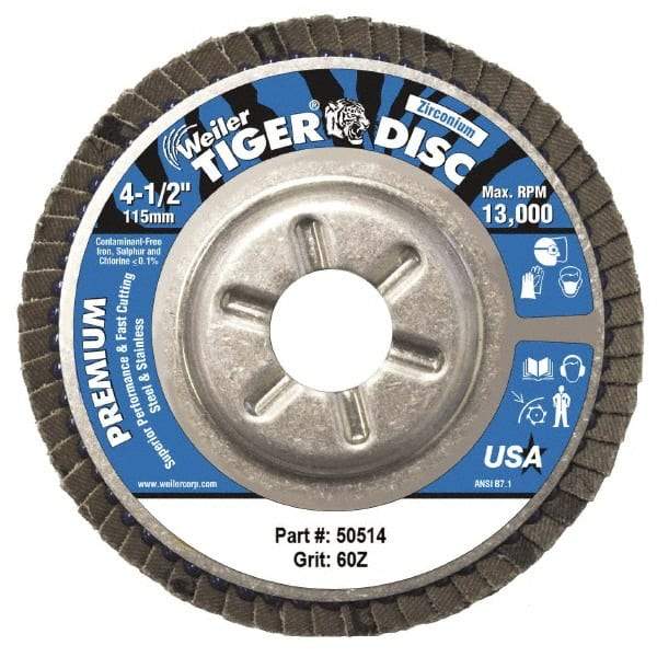 Weiler - 60 Grit, 4-1/2" Disc Diam, 5/8-11 Center Hole, Type 29 Zirconia Alumina Flap Disc - 13,000 Max RPM, Aluminum Backing, Coated - Industrial Tool & Supply
