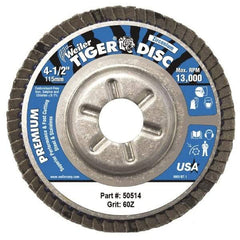 Weiler - 60 Grit, 4-1/2" Disc Diam, 5/8-11 Center Hole, Type 29 Zirconia Alumina Flap Disc - 13,000 Max RPM, Aluminum Backing, Coated - Industrial Tool & Supply