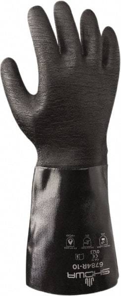 SHOWA - Size L (10), 14" Long, 26 mil Thick, Supported, Neoprene Chemical Resistant Gloves - Rough Finish, Flannel Lined, Gauntlet Cuff, ANSI Abrasion Level 3, ANSI Cut Level 2, ANSI Puncture Level 1, Black, FDA Approved - Industrial Tool & Supply