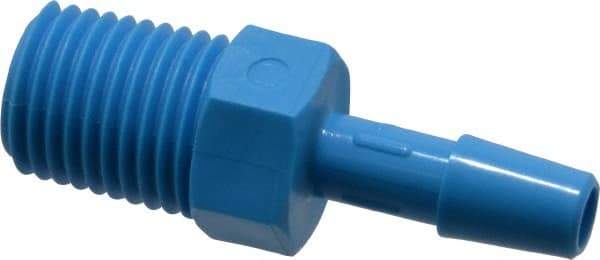 Made in USA - 1/4" Barb, 1/4, HDPE Single Barbed Tube Adapter - Blue, Male - Industrial Tool & Supply
