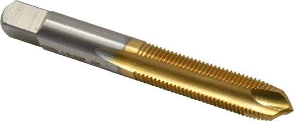 Hertel - 3/8-24 UNF, 3 Flute, TiN Finish, High Speed Steel Spiral Point Tap - Plug Chamfer, Right Hand Thread, 2-15/16" OAL, 3B Class of Fit - Exact Industrial Supply
