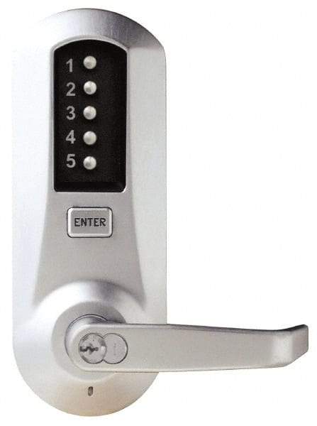 Kaba Access - Combination Entry Lever Lockset with Key Override - 2-3/4" Back Set, No Cylinder, Zamak3, Satin Chrome Finish - Industrial Tool & Supply