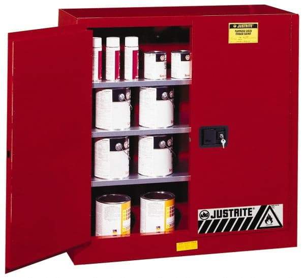 Justrite - 2 Door, 3 Shelf, Red Steel Standard Safety Cabinet for Flammable and Combustible Liquids - 44" High x 43" Wide x 18" Deep, Manual Closing Door, 3 Point Key Lock, 40 Gal Capacity - Industrial Tool & Supply