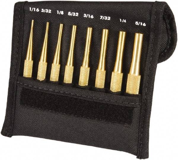 Starrett - 8 Piece, 1/16 to 5/16", Pin Punch Set - Round Shank, Brass, Comes in Pouch - Industrial Tool & Supply