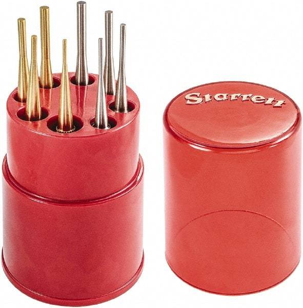 Starrett - 8 Piece, 1/16 to 5/32", Pin Punch Set - Round Shank, Brass & Steel, Comes in Plastic Tube - Industrial Tool & Supply