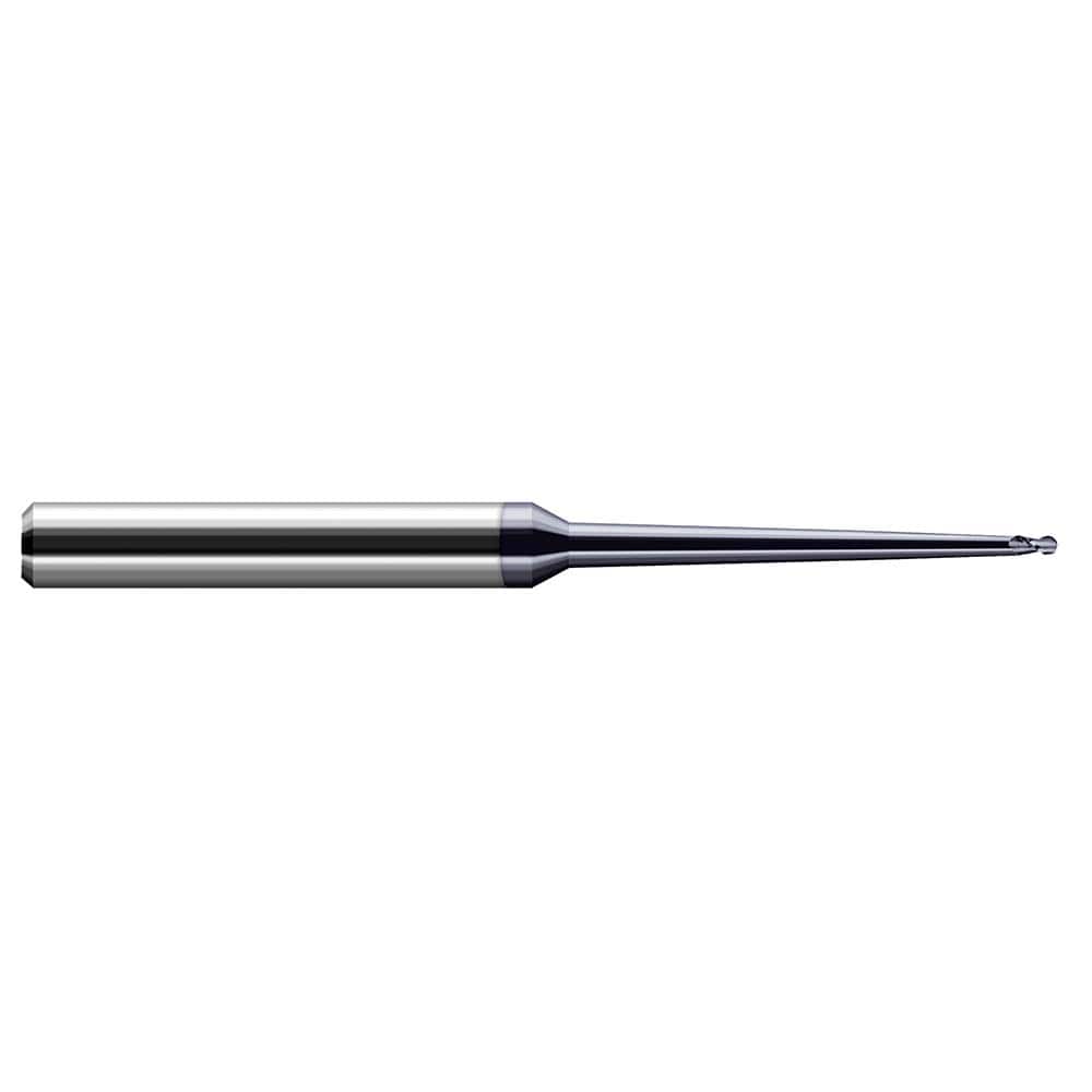 Ball End Mill: 0.047″ Dia, 0.071″ LOC, 2 Flute, Solid Carbide 4″ OAL, 1/4″ Shank Dia, 30 ° Helix, AlTiN Coated, Single End