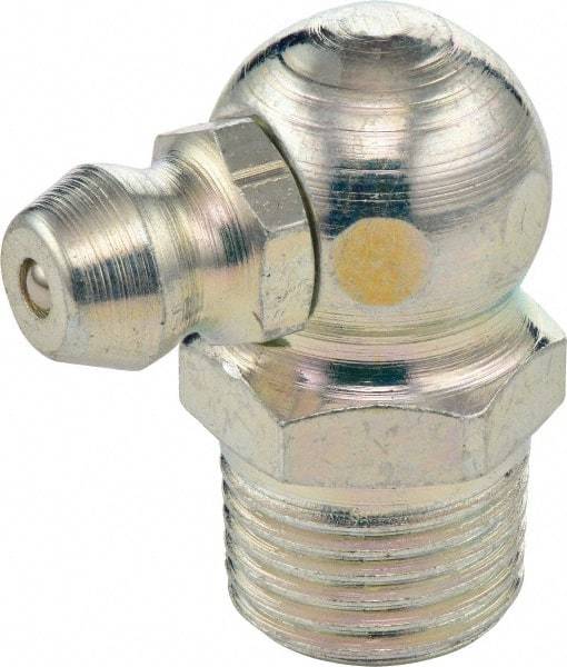 Umeta - 90° Head Angle, 3/8-19 BSPT Steel Standard Grease Fitting - 17mm Hex, 20mm Overall Height, 7mm Shank Length, Zinc Plated Finish - Industrial Tool & Supply