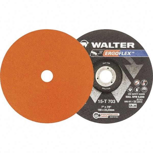 WALTER Surface Technologies - 36 Grit, 5" Disc Diam, 7/8" Center Hole, Type 29 Ceramic Flap Disc - 12,200 Max RPM, Fiber Backing, Arbor Attaching System, Coated - Industrial Tool & Supply