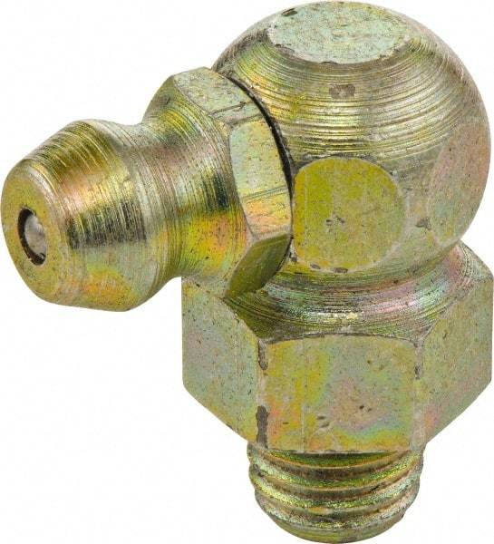 Umeta - 90° Head Angle, 1/4-28 SAE-LT Brass Standard Grease Fitting - 9mm Hex, 18mm Overall Height, 5.5mm Shank Length - Industrial Tool & Supply
