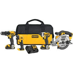 DeWALT - 20 Volt Cordless Tool Combination Kit - Includes 1/2" Drill/Driver, 1/4" Compact Impact Driver, 6-1/2" Circular Saw & Handheld Light, Lithium-Ion Battery Included - Industrial Tool & Supply