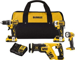 DeWALT - 20 Volt Cordless Tool Combination Kit - Includes 1/2" Drill/Driver, 1/4" Impact Driver, Reciprocating Saw & LED Worklight, Lithium-Ion Battery Included - Industrial Tool & Supply