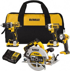 DeWALT - 20 Volt Cordless Tool Combination Kit - Includes 1/2" Drill/Driver, 1/4" Impact Driver, 7-1/4 Circular Saw & LED Worklight, Lithium-Ion Battery Included - Industrial Tool & Supply