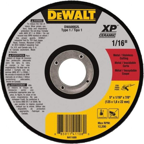 DeWALT - 5" Ceramic Cutoff Wheel - 0.04" Thick, 7/8" Arbor, 12,200 Max RPM, Use with Angle Grinders - Industrial Tool & Supply