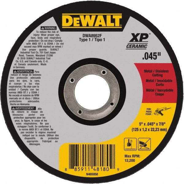 DeWALT - 5" Ceramic Cutoff Wheel - 0.045" Thick, 7/8" Arbor, 12,200 Max RPM, Use with Angle Grinders - Industrial Tool & Supply
