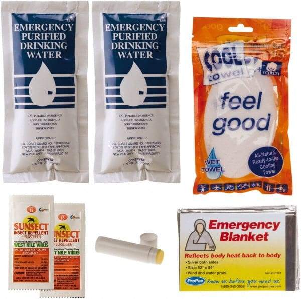 PRO-SAFE - Emergency Preparedness Kits Type: Cool Down Emergency Kit Contents: (2) Emergency Drinking Water Packets; (2) Sunscreen + Insect Repellant Cream; Cooling Towel; Emergency Mylar Blanket; Lip Balm - Industrial Tool & Supply