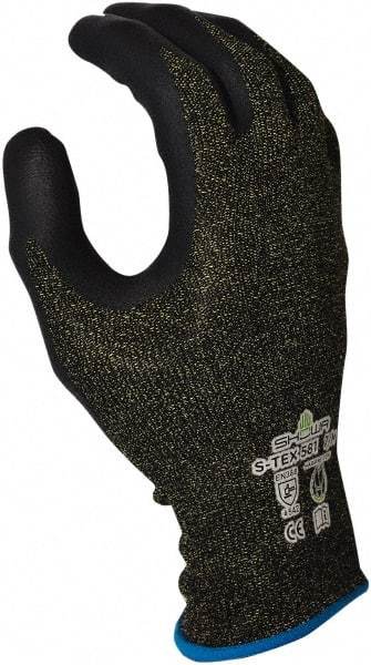 SHOWA - Size M (7), ANSI Cut Lvl A5, Abrasion Lvl 4, Foam Nitrile Coated Polyester/Nylon/Stainless Steel/Kevlar Cut Resistant Gloves - Palm & Fingertips Coated, Knit Wrist, Black/Salt & Pepper, Paired - Industrial Tool & Supply
