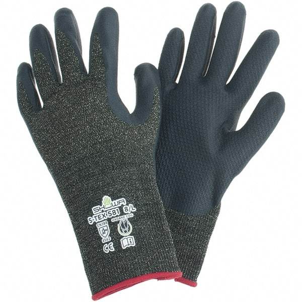 SHOWA - Size L (8), ANSI Cut Lvl A5, Abrasion Lvl 4, Foam Nitrile Coated Polyester/Nylon/Stainless Steel/Kevlar Cut Resistant Gloves - Palm & Fingertips Coated, Knit Wrist, Black/Salt & Pepper, Paired - Industrial Tool & Supply