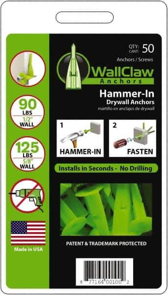 WallClaw Anchors - #8 Screw, 1/2" Diam, 2" Long, 1/4" Thick, Hammer-In Drywall & Hollow Wall Anchor - Nylon, Use with Drywall & Hollow Wall - Industrial Tool & Supply