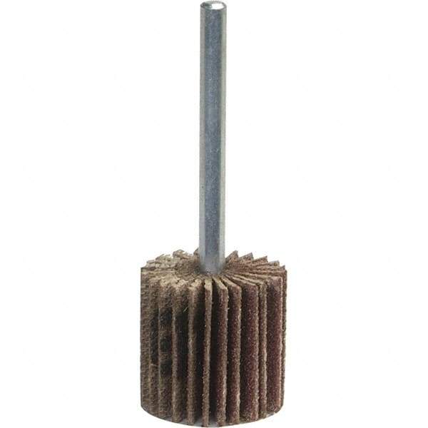Norton - 1-1/2" Diam x 1" Face Width, Medium Aluminum Oxide Coated Mounted Flap Wheel - 1/4" Shank Mount, 120 Grit, Y Weighted Cloth Backing, 25,000 Max RPM - Industrial Tool & Supply