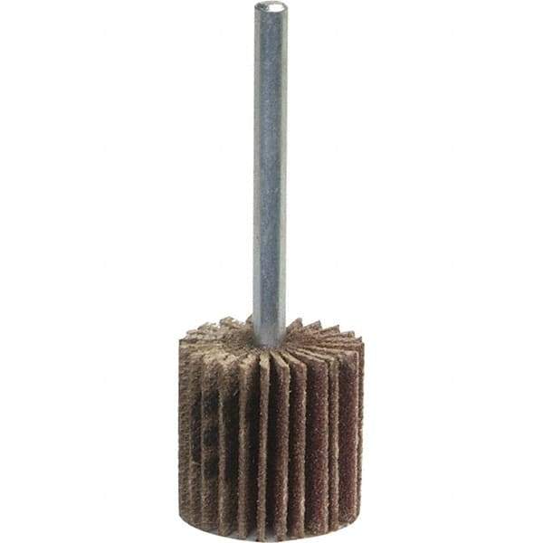 Norton - 1-1/2" Diam x 1-1/2" Face Width, Medium Aluminum Oxide Coated Mounted Flap Wheel - 1/4" Shank Mount, 120 Grit, Y Weighted Cloth Backing, 25,000 Max RPM - Industrial Tool & Supply