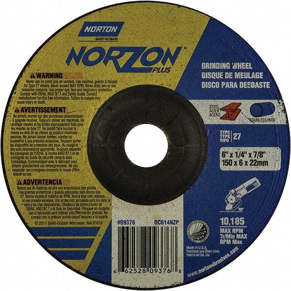 Norton - 20 Grit, 6" Wheel Diam, 1/4" Wheel Thickness, 7/8" Arbor Hole, Type 27 Depressed Center Wheel - Extra Coarse Grade, Ceramic, 10,185 Max RPM - Industrial Tool & Supply