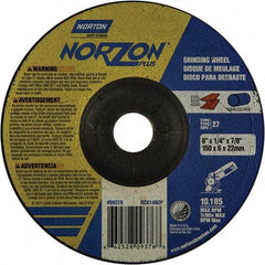 Norton - 20 Grit, 6" Wheel Diam, 1/4" Wheel Thickness, 7/8" Arbor Hole, Type 27 Depressed Center Wheel - Extra Coarse Grade, Ceramic, 10,185 Max RPM - Industrial Tool & Supply