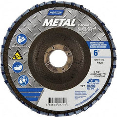 Norton - 40 Grit, 6" Disc Diam, 7/8" Center Hole, Type 27 Zirconia Alumina Flap Disc - 10,200 Max RPM, Fiberglass Backing, Arbor Attaching System, Coated - Industrial Tool & Supply