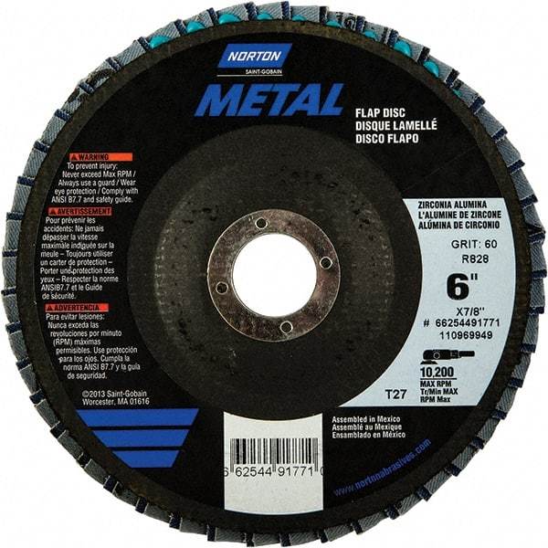 Norton - 60 Grit, 6" Disc Diam, 7/8" Center Hole, Type 27 Zirconia Alumina Flap Disc - 10,200 Max RPM, Fiberglass Backing, Arbor Attaching System, Coated - Industrial Tool & Supply