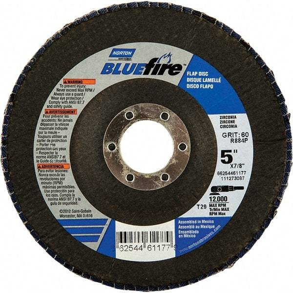 Norton - 24 Grit, 5" Disc Diam, 7/8" Center Hole, Type 29 Zirconia Alumina Flap Disc - 12,000 Max RPM, Fiberglass Backing, Arbor Attaching System, Coated - Industrial Tool & Supply