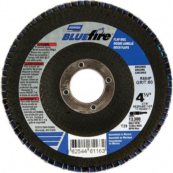 Norton - 24 Grit, 4-1/2" Disc Diam, 7/8" Center Hole, Type 29 Zirconia Alumina Flap Disc - 13,300 Max RPM, Fiberglass Backing, Arbor Attaching System, Coated - Industrial Tool & Supply