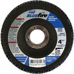 Norton - 24 Grit, 4-1/2" Disc Diam, 7/8" Center Hole, Type 29 Zirconia Alumina Flap Disc - 13,300 Max RPM, Fiberglass Backing, Arbor Attaching System, Coated - Industrial Tool & Supply