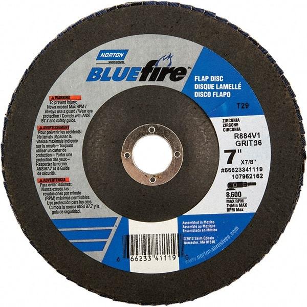 Norton - 24 Grit, 7" Disc Diam, 7/8" Center Hole, Type 29 Zirconia Alumina Flap Disc - 8,600 Max RPM, Fiberglass Backing, Arbor Attaching System, Coated - Industrial Tool & Supply