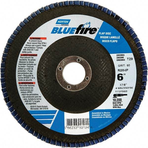 Norton - 80 Grit, 6" Disc Diam, 7/8" Center Hole, Type 29 Zirconia Alumina Flap Disc - 10,200 Max RPM, Fiberglass Backing, Arbor Attaching System, Coated - Industrial Tool & Supply