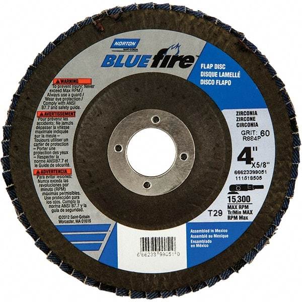 Norton - 60 Grit, 4" Disc Diam, 5/8" Center Hole, Type 29 Zirconia Alumina Flap Disc - 15,300 Max RPM, Fiberglass Backing, Arbor Attaching System, Coated - Industrial Tool & Supply
