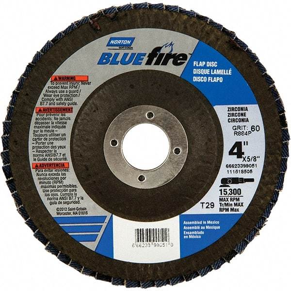 Norton - 40 Grit, 4" Disc Diam, 5/8" Center Hole, Type 29 Zirconia Alumina Flap Disc - 15,300 Max RPM, Fiberglass Backing, Arbor Attaching System, Coated - Industrial Tool & Supply