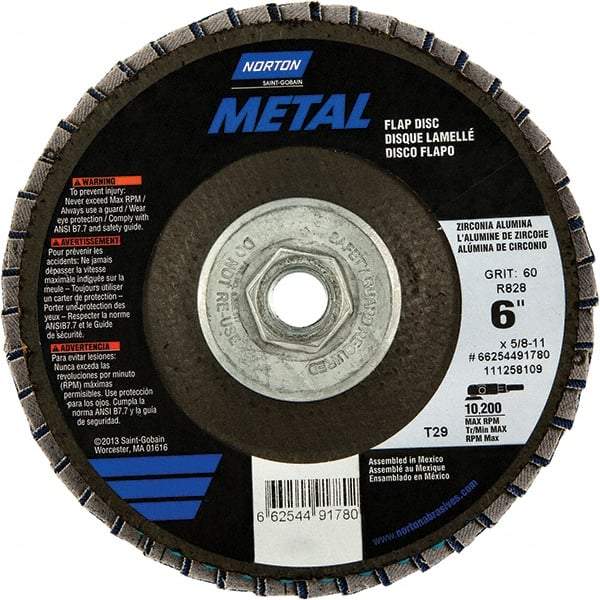 Norton - 60 Grit, 6" Disc Diam, 5/8-11 Center Hole, Type 29 Zirconia Alumina Flap Disc - 10,200 Max RPM, Fiberglass Backing, Arbor Attaching System, Coated - Industrial Tool & Supply