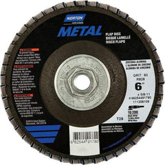 Norton - 60 Grit, 6" Disc Diam, 5/8-11 Center Hole, Type 29 Zirconia Alumina Flap Disc - 10,200 Max RPM, Fiberglass Backing, Arbor Attaching System, Coated - Industrial Tool & Supply