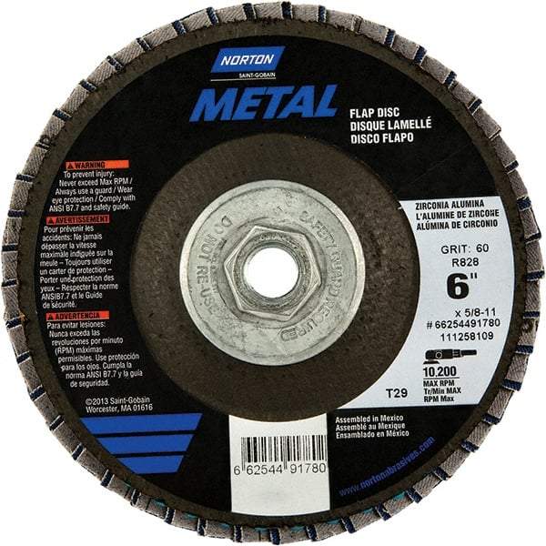 Norton - 80 Grit, 6" Disc Diam, 5/8-11 Center Hole, Type 29 Zirconia Alumina Flap Disc - 10,200 Max RPM, Fiberglass Backing, Arbor Attaching System, Coated - Industrial Tool & Supply